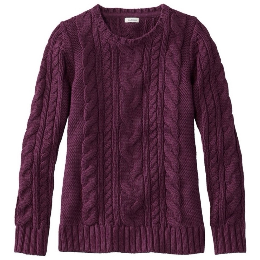 LL Bean Burgundy L Double L Mixed Cable Crew Neck Pullover Cotton Sweater MEDIUM